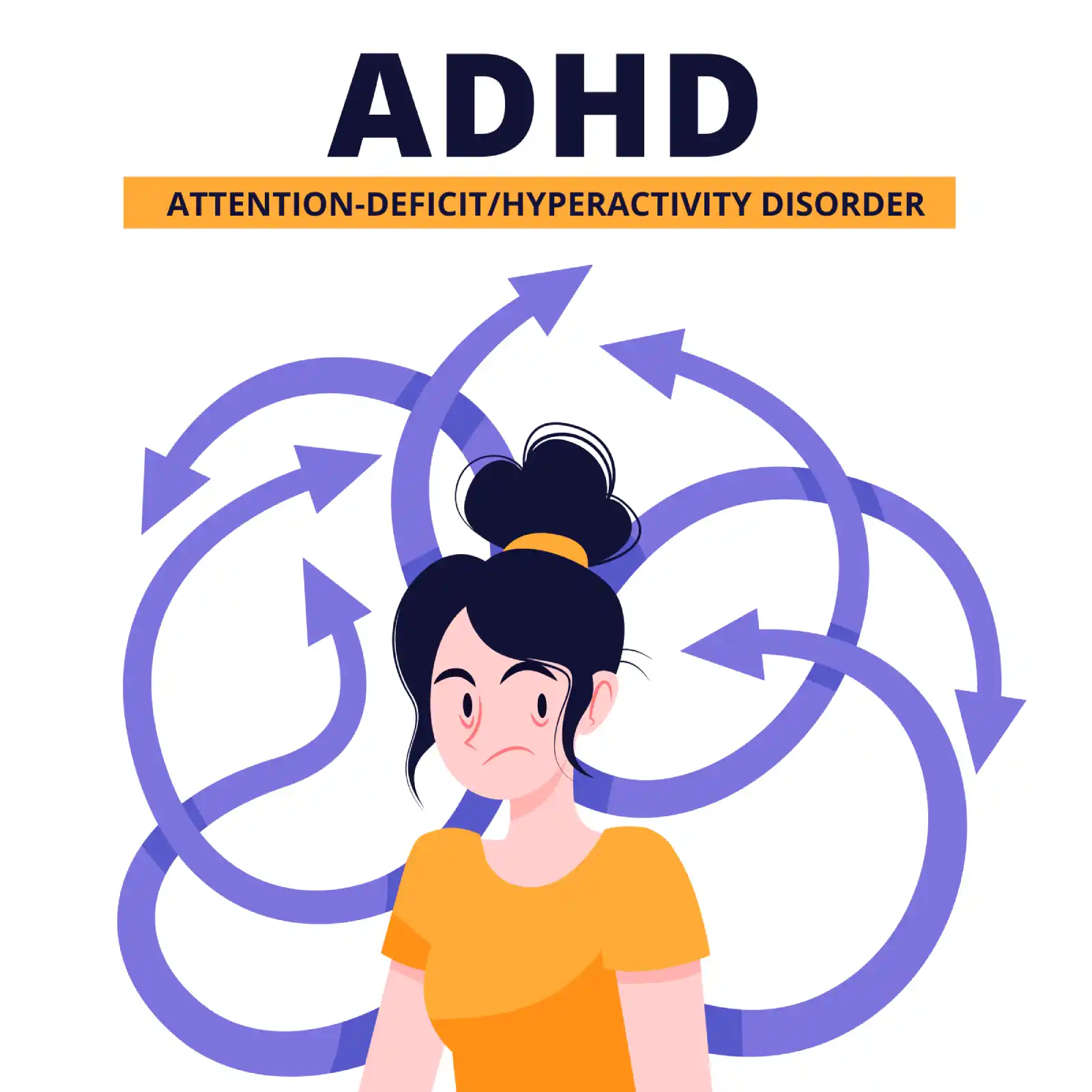 Illustration of a woman with a confused expression surrounded by swirling arrows, symbolizing ADHD and mental overwhelm in women. 