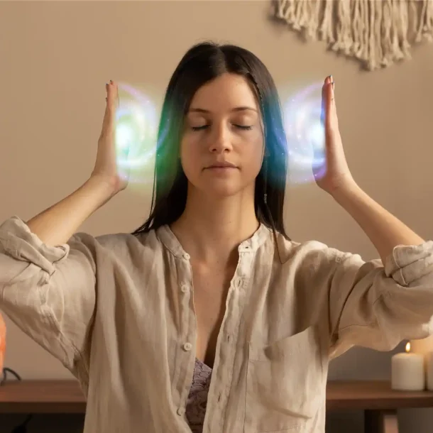Woman meditating with glowing energy near her brain symbolizing healing through self-compassion and the medial prefrontal cortex.