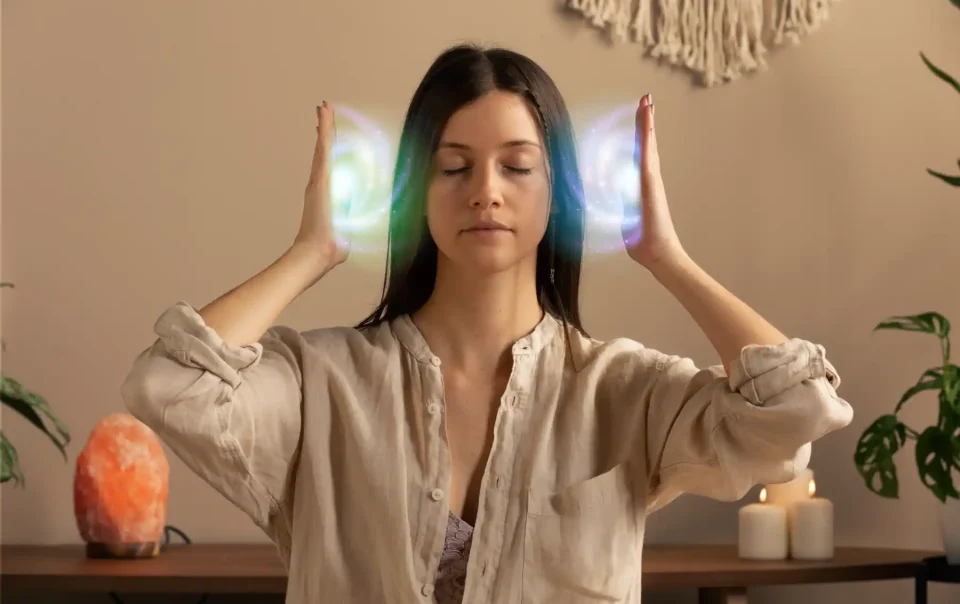 Woman meditating with glowing energy near her brain symbolizing healing through self-compassion and the medial prefrontal cortex.
