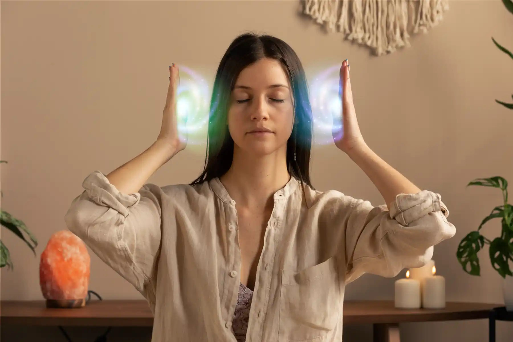 Woman meditating with glowing energy near her brain symbolizing healing through self-compassion and the medial prefrontal cortex - Save your Brain Wellness