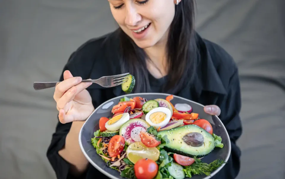 Colorful clean nutrition foods and relaxed mind representing brain wellness
