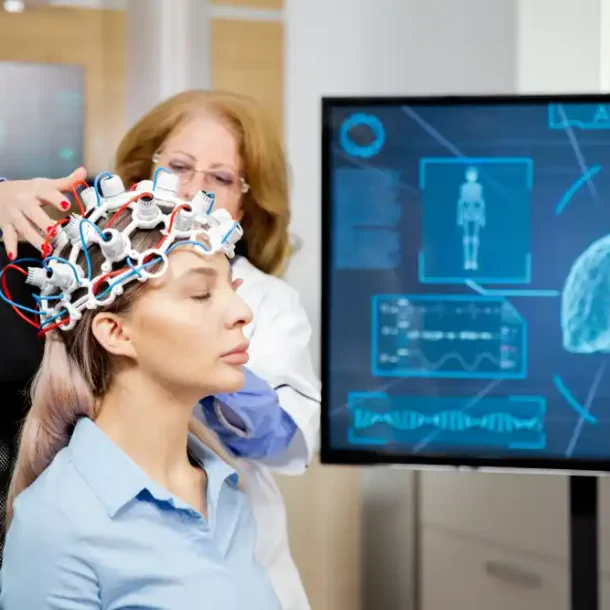 Neuroscientist performing brain scan using neuroplasticity monitoring equipment on a calm female patient, with brain activity data on digital screen - Save your Brain Wellness