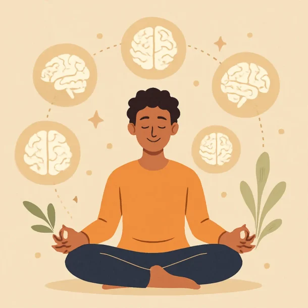 Person meditating with brain icons around them, symbolizing mental clarity and wellness techniques - Master Your Mind