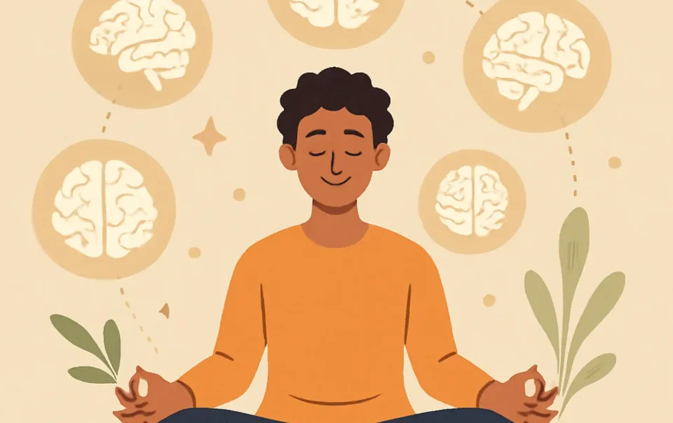 Person meditating with brain icons around them, symbolizing mental clarity and wellness techniques - Master Your Mind