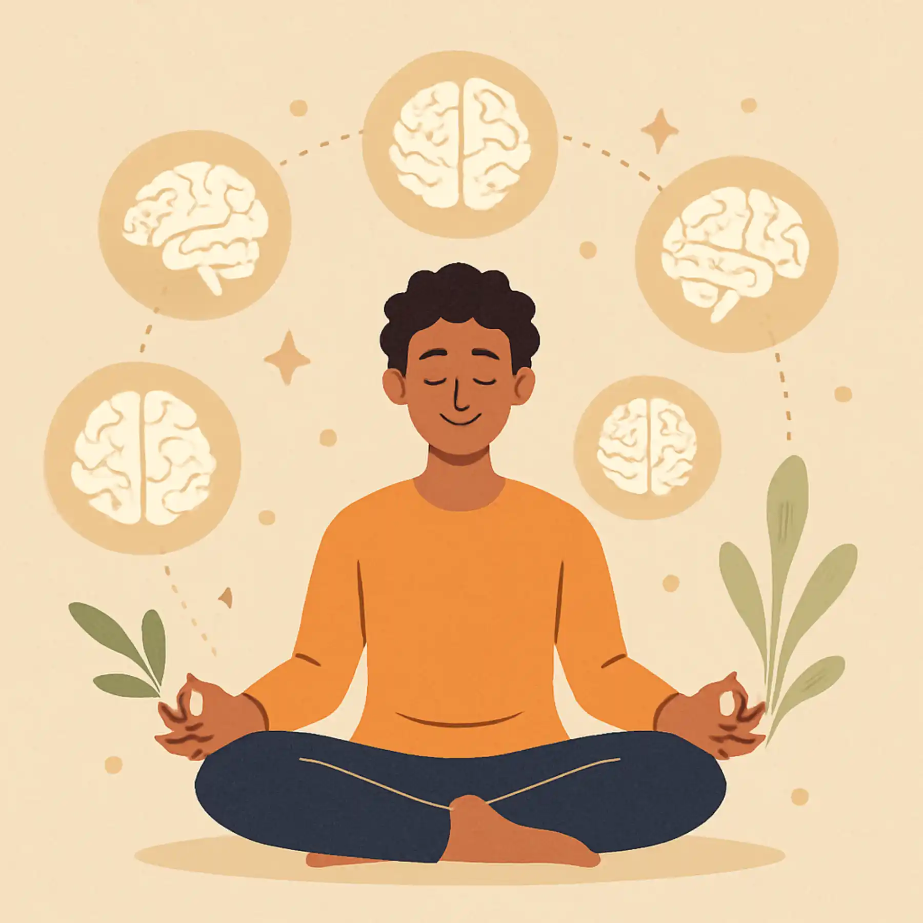 Person meditating with brain icons around them, symbolizing mental clarity and wellness techniques