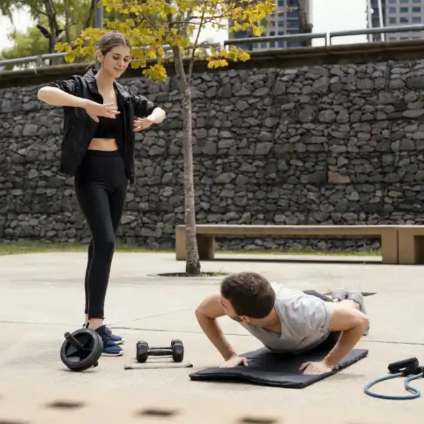 Woman doing exercise outdoors to boost brain health and mood