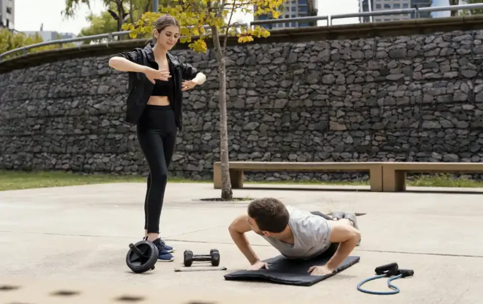 Woman doing exercise outdoors to boost brain health and mood