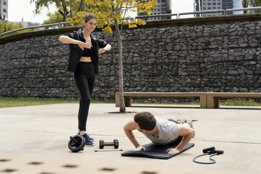 Woman doing exercise outdoors to boost brain health and mood